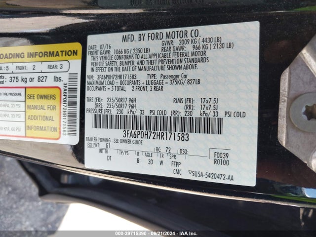 Ford FUSION SE 2017 3FA6P0H72HR171583 Image 9