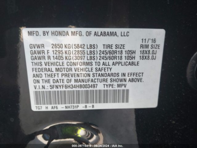 5FNYF6H34HB003497 Honda Pilot Ex