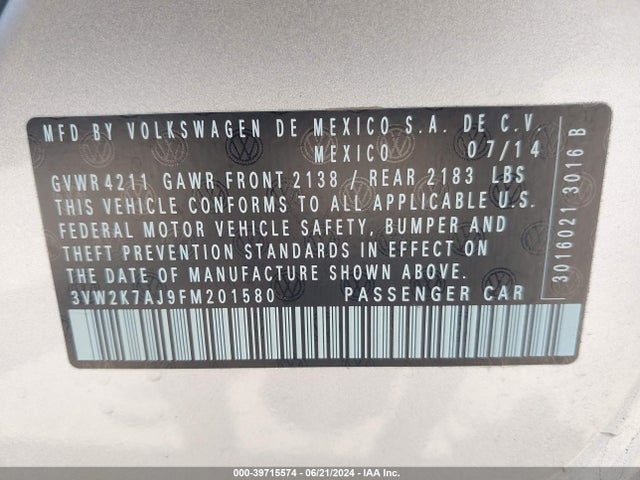 3VW2K7AJ9FM201580 Volkswagen Jetta 2.0l S