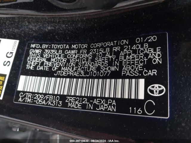 JTDEPRAE3LJ101077 Toyota COROLLA LE