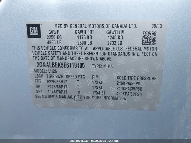 Chevrolet EQUINOX 1LT 2014 2GNALBEK5E6119105 Image 9