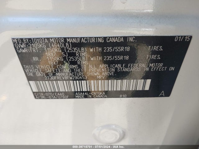 Toyota Rav4 Limited 2015 2T3DFREV8FW290453 Image 9
