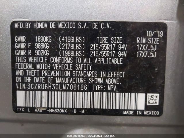 3CZRU6H30LM706166 Honda Hr-v Awd Lx