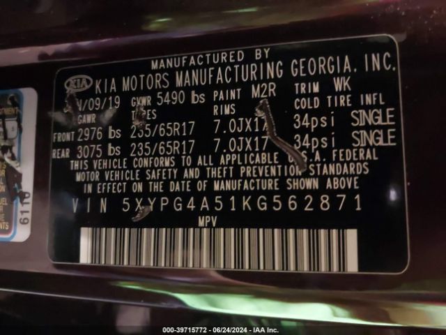 5XYPG4A51KG562871 KIA Sorento 3.3l Lx