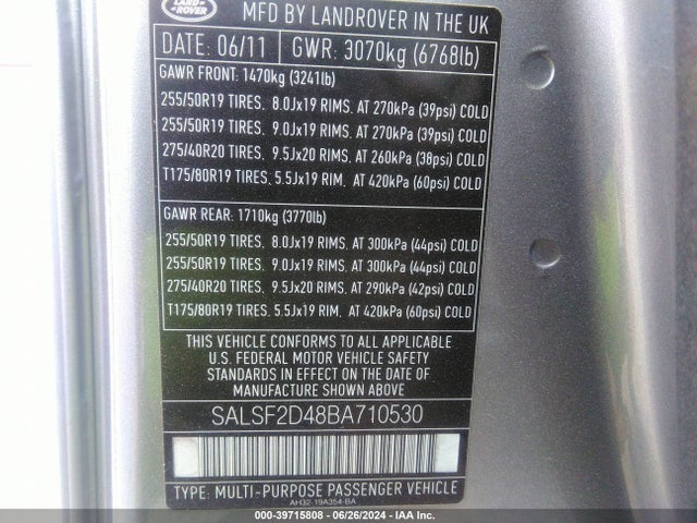 Aukcja sprzedaży 2011 Land Rover Range Rover Sport Hse, vin: SALSF2D48BA710530, numer aukcji: 39715808