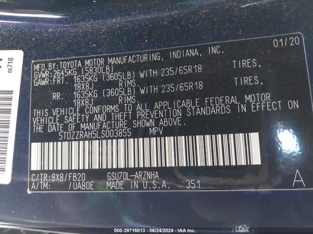 5TDZZRAH5LS003855 Toyota Highlander Le