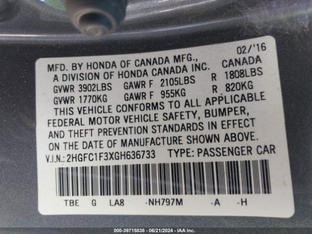 2HGFC1F3XGH636733 Honda Civic Ex-t