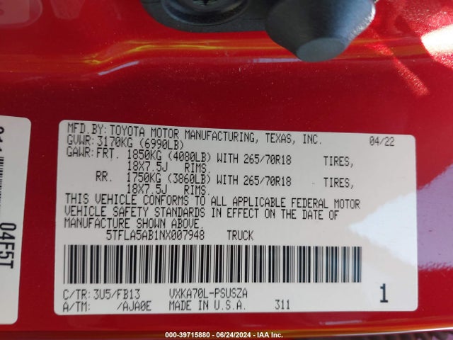 Toyota Tundra Sr5 2022 5TFLA5AB1NX007948 Image 9