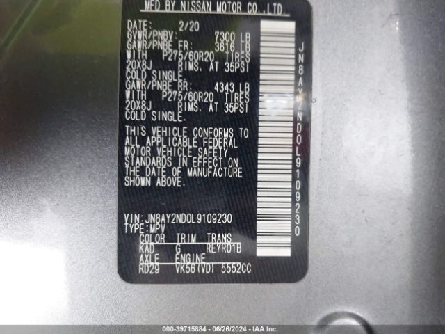 JN8AY2ND0L9109230 Nissan Armada Sl 2wd
