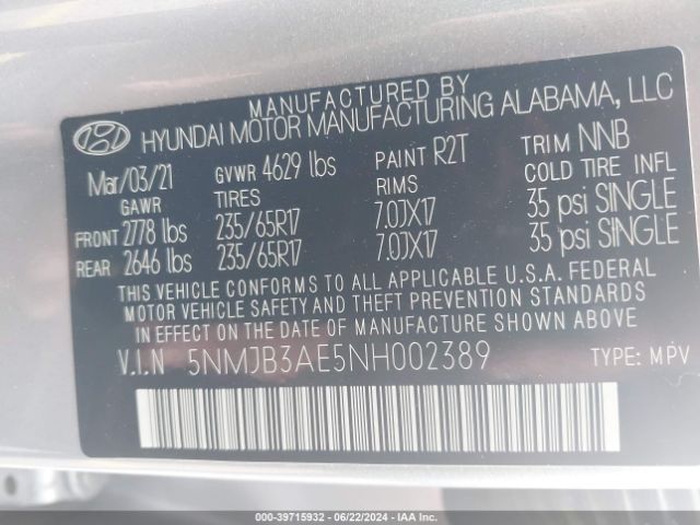 5NMJB3AE5NH002389 Hyundai TUCSON SEL