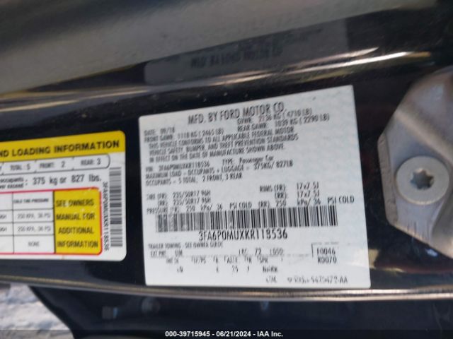 3FA6P0MUXKR118536 Ford Fusion Hybrid Sel