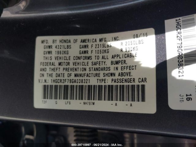 1HGCR2F79GA038321 Honda ACCORD EX