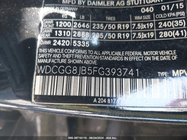 WDCGG8JB5FG393741 Mercedes-Benz Glk 350 4matic