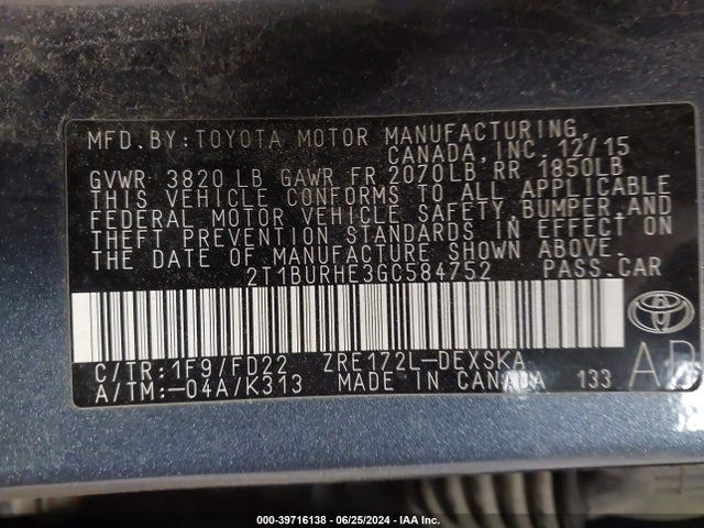 Toyota Corolla S Plus 2016 2T1BURHE3GC584752 Image 9