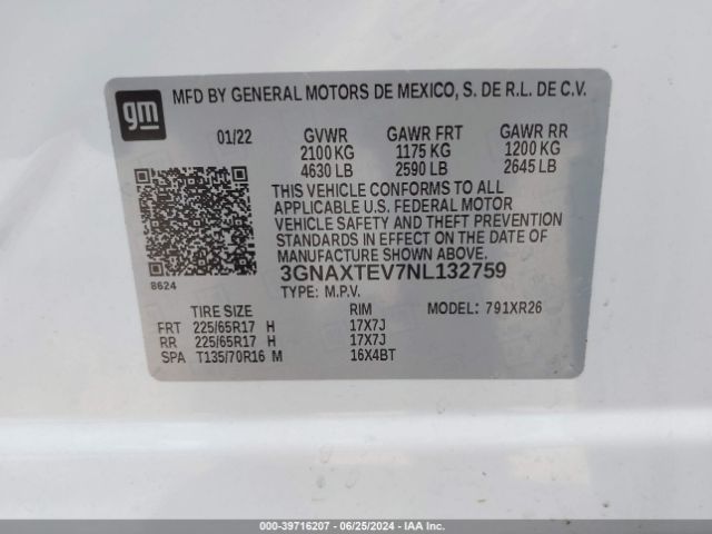 3GNAXTEV7NL132759 Chevrolet Equinox Awd 2fl