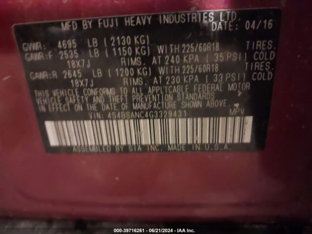 4S4BSANC4G3329431 Subaru Outback 2.5i Limited