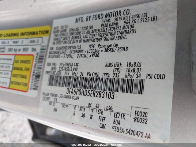 Ford FUSION SE 2014 3FA6P0HD5ER283103 Image 9