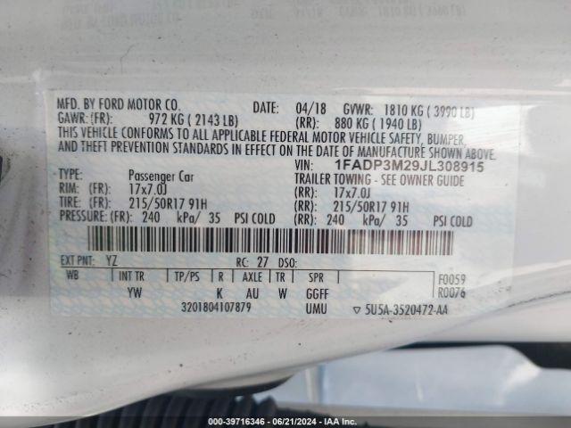 1FADP3M29JL308915 Ford FOCUS SEL