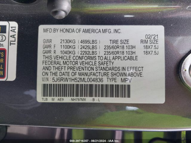 5J6RW1H52ML004836 Honda Cr-v 2wd Ex