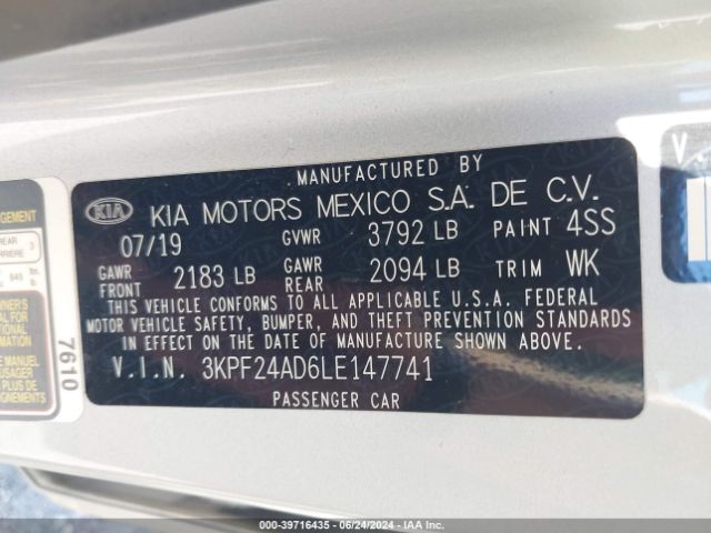 3KPF24AD6LE147741 KIA Forte Lxs