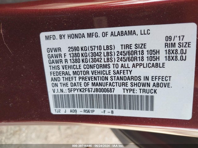 Honda Ridgeline Rtl-t 2018 5FPYK2F67JB000687 Image 9