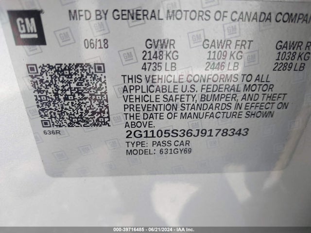 Chevrolet IMPALA 1LT 2018 2G1105S36J9178343 Image 9