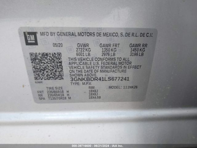 3GNKBDR41LS677241 Chevrolet Blazer Fwd 3lt