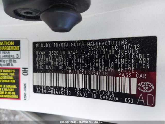 2T1BURHE5EC054019 Toyota Corolla S Premium