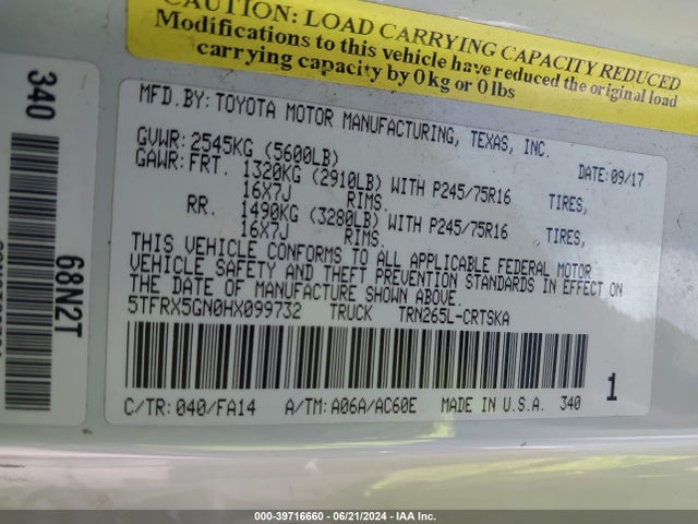 Toyota Tacoma Sr 2017 5TFRX5GN0HX099732 Image 9
