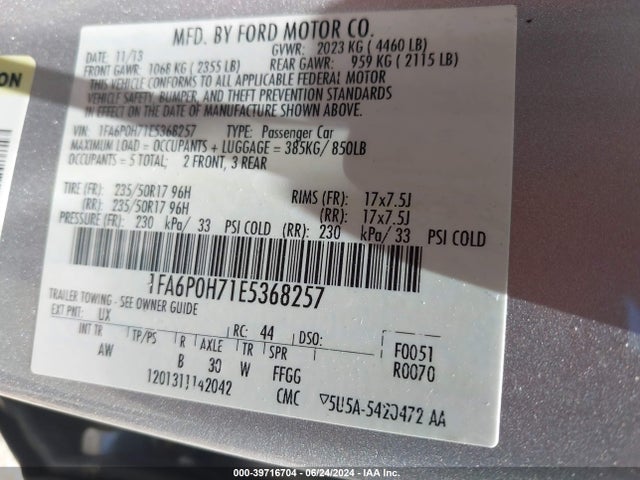 Ford FUSION SE 2014 1FA6P0H71E5368257 Image 9