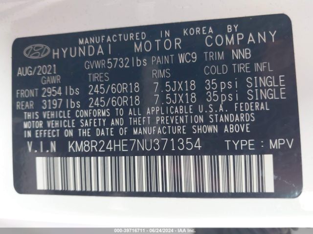 KM8R24HE7NU371354 Hyundai Palisade Sel