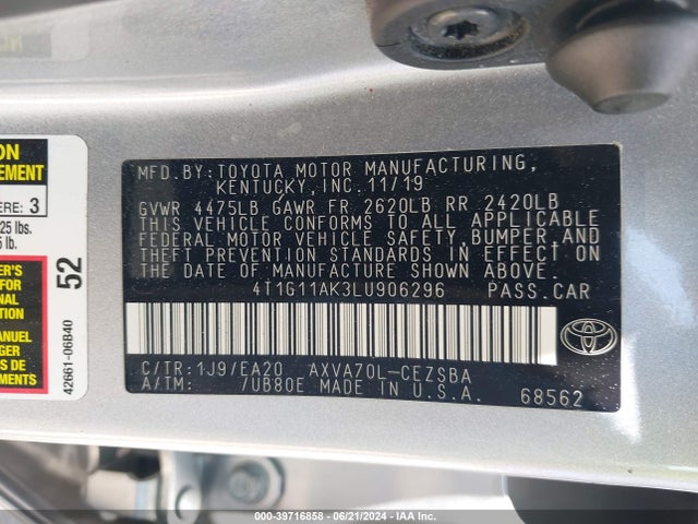 Toyota CAMRY SE 2020 4T1G11AK3LU906296 Image 9