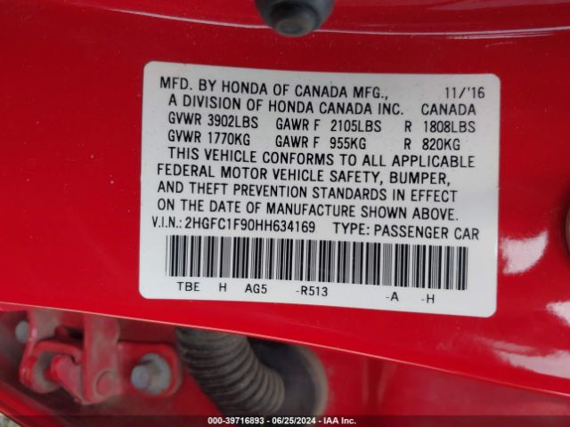 2HGFC1F90HH634169 Honda Civic Touring