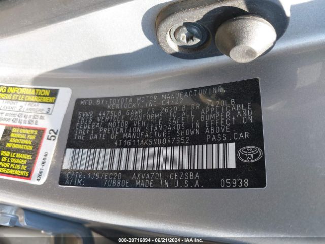 4T1G11AK5NU047652 Toyota Camry Se Nightshade Edition