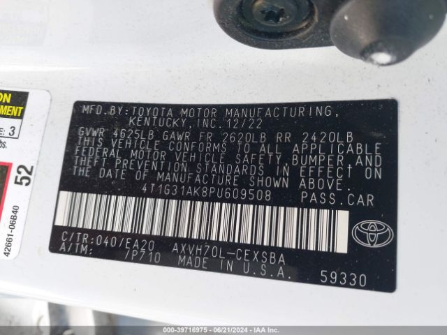4T1G31AK8PU609508 Toyota Camry Se Hybrid