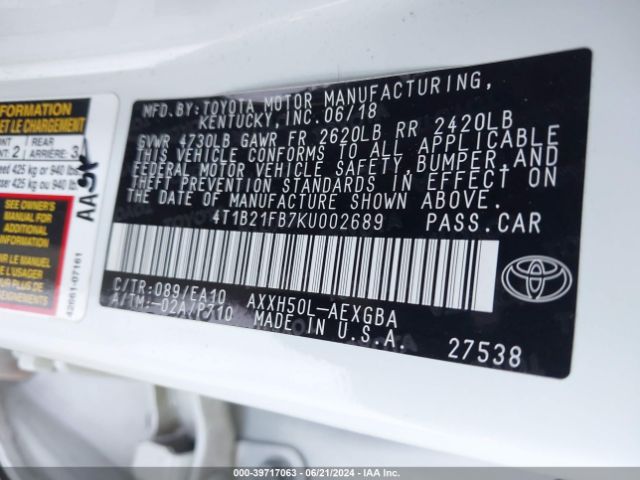 4T1B21FB7KU002689 Toyota Avalon Hybrid Xle