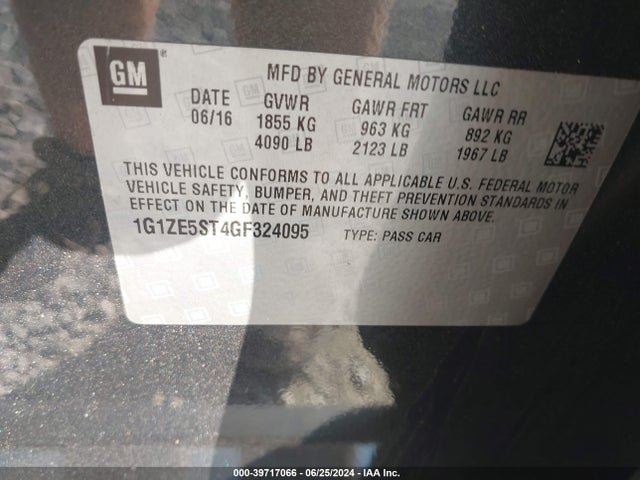 39717066 :رقم المزاد ، 1G1ZE5ST4GF324095 vin ، 2016 Chevrolet Malibu 1lt مزاد بيع