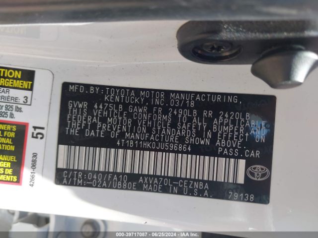 4T1B11HK0JU596864 Toyota CAMRY LE