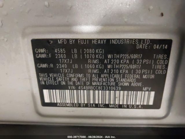 4S4BRBCC8E3310639 Subaru Outback 2.5i Premium