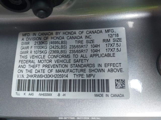 2HKRW6H30KH205914 Honda CR-V LX