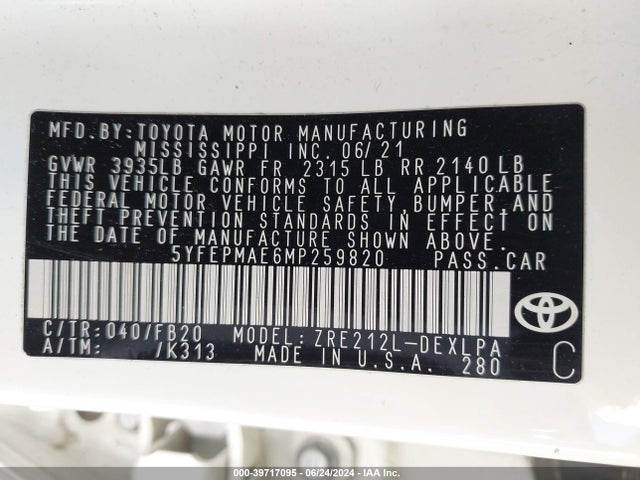 Toyota COROLLA LE 2021 5YFEPMAE6MP259820 Image 9