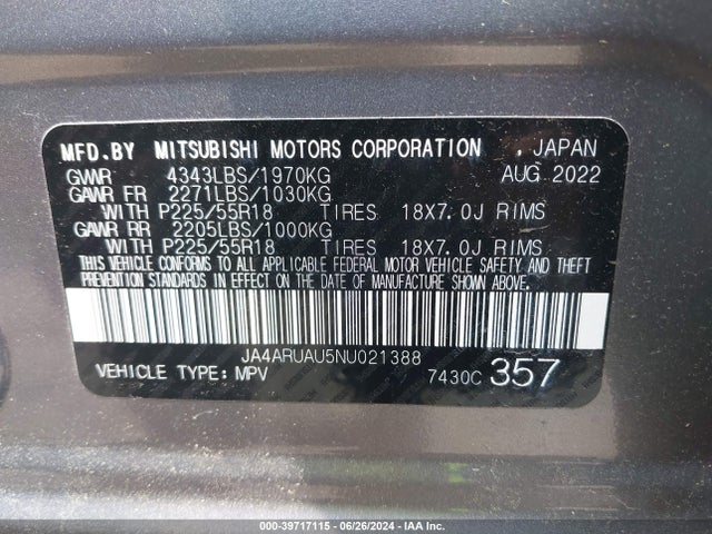 JA4ARUAU5NU021388 Mitsubishi Outlander Sport 2.0 Be Awc/2.0 Es Awc/2.0 Le Awc/2.0 Se Awc/2.0 Se Special Edition Awc