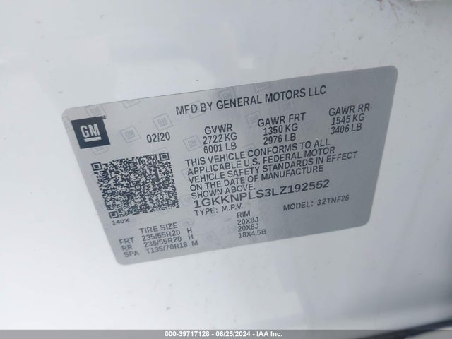 1GKKNPLS3LZ192552 GMC Acadia Fwd Denali