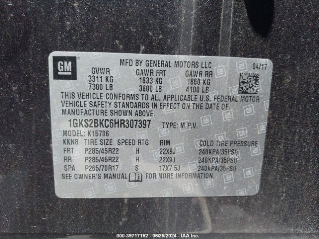 1GKS2BKC6HR307397 GMC YUKON SLT