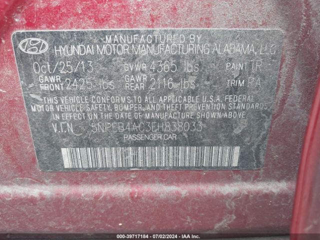 5NPEB4AC3EH838033 Hyundai SONATA GLS