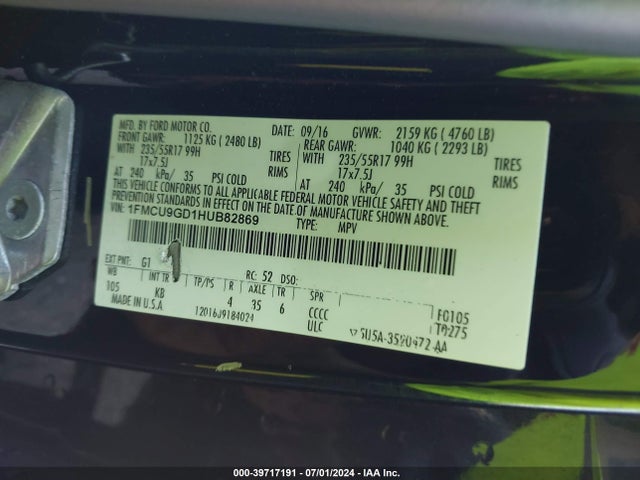 Ford ESCAPE SE 2017 1FMCU9GD1HUB82869 Image 9