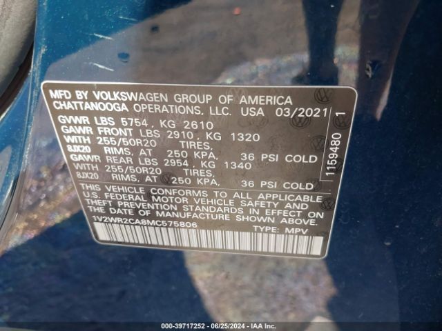 1V2WR2CA8MC575806 Volkswagen Atlas 3.6l V6 Se W/technology