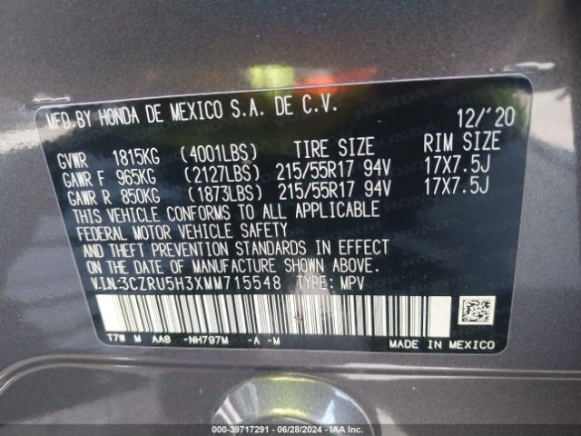 3CZRU5H3XMM715548 Honda Hr-v 2wd Lx