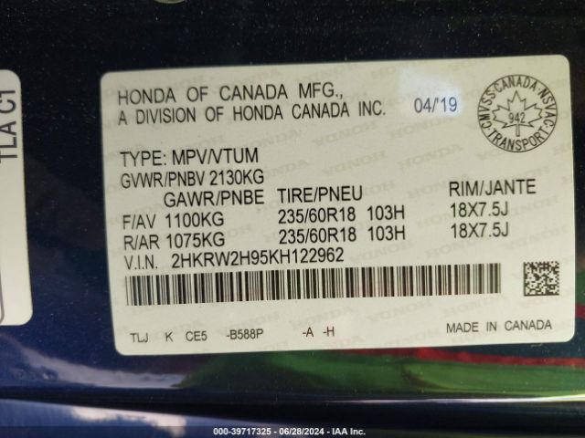 2HKRW2H95KH122962 Honda Cr-v Touring