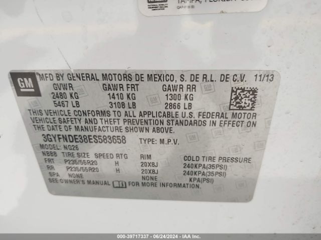 3GYFNDE38ES583658 Cadillac Srx Premium Collection